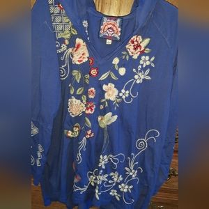 Nice sz L Johnny Was Jailyn Embroidered Cotton Knit Hoodie Bright Blue